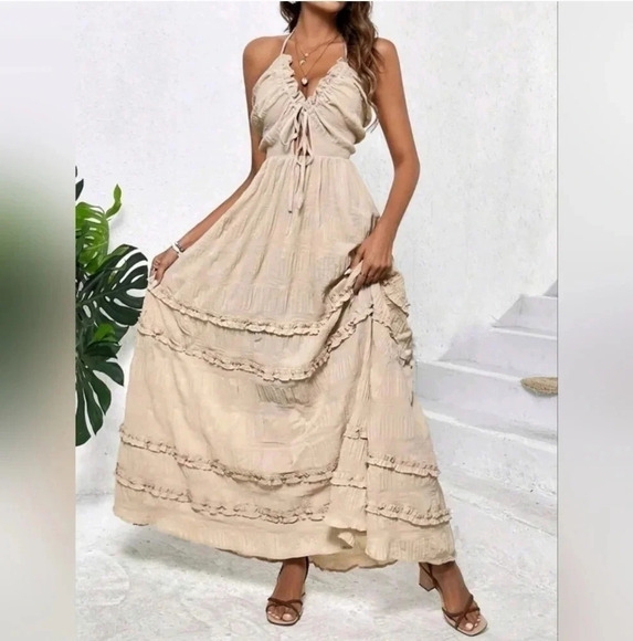 NEW Boho Tie Back Halter Ruffle Maxi Dress Beige Tan Nude - Picture 3 of 6